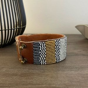 Blue and Gold Beaded Leather Cuff with Suede Lining